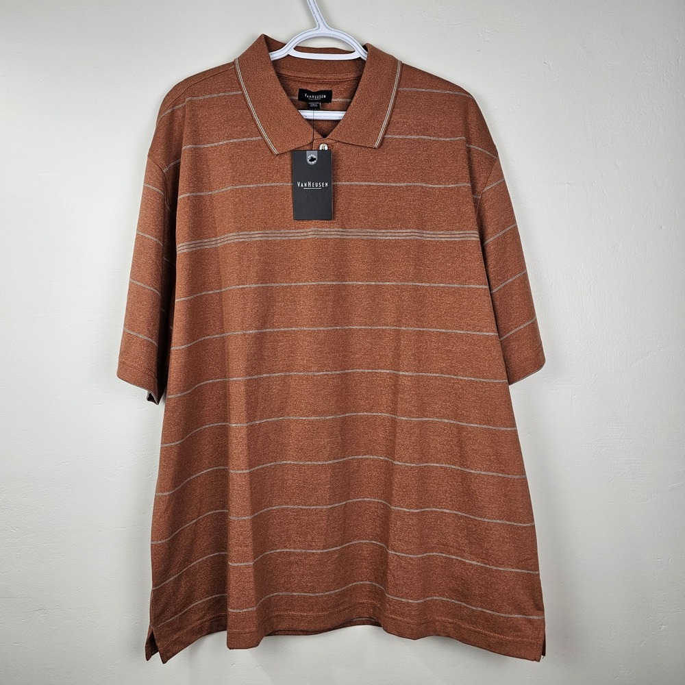 Van Heusen Polo Shirt Men XXL Orange Org Sierra Striped‎ Short Sleeve Casual